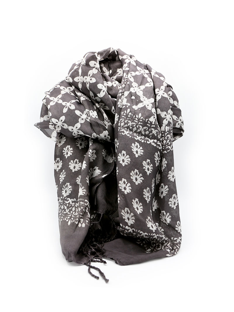 Silk - Block Print - Grey with Tassels