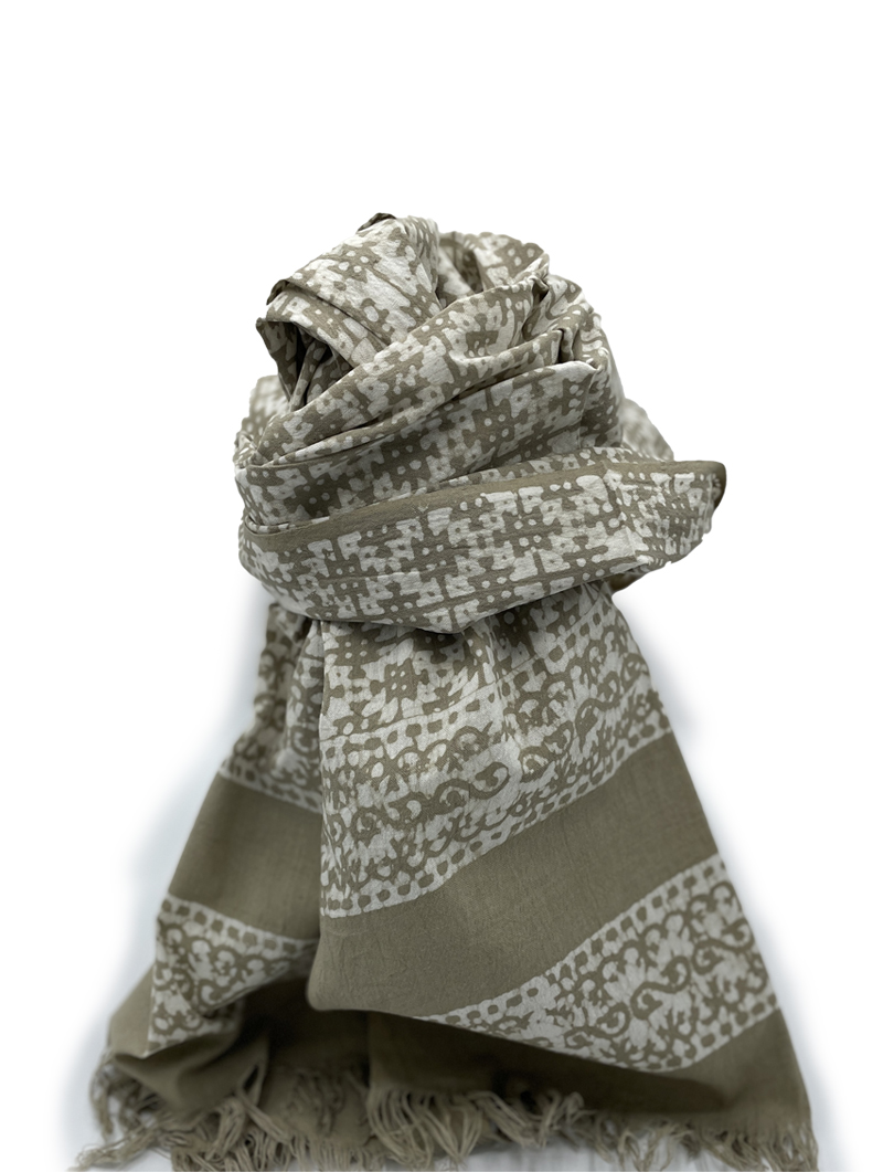 Cotton-Block Print - Olive with Fringes