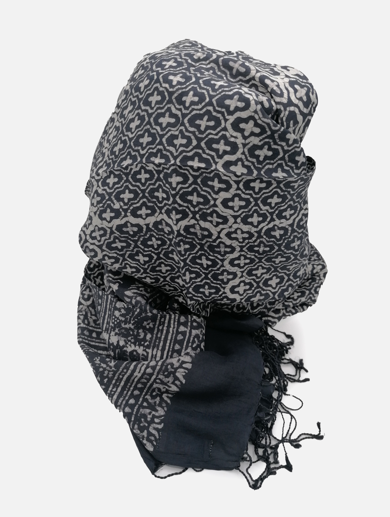 Silk-Block Print-Dark Indigo with Tassels