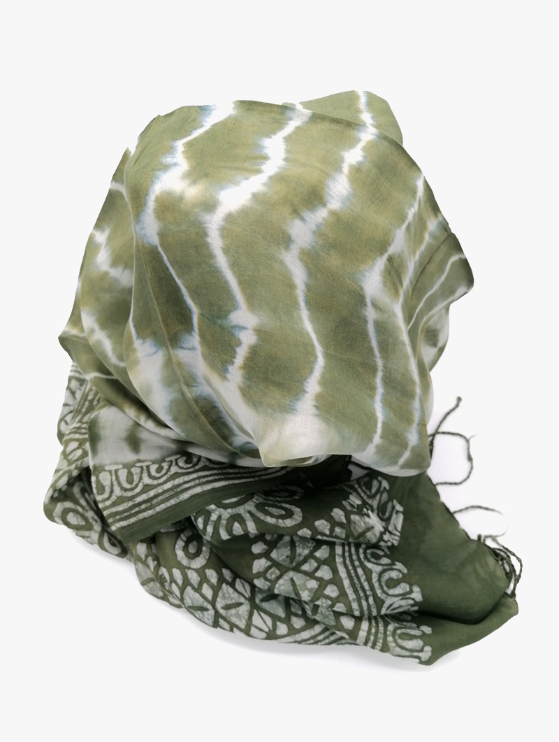Silk-Block Print, Tie Dye-Green with Tassels