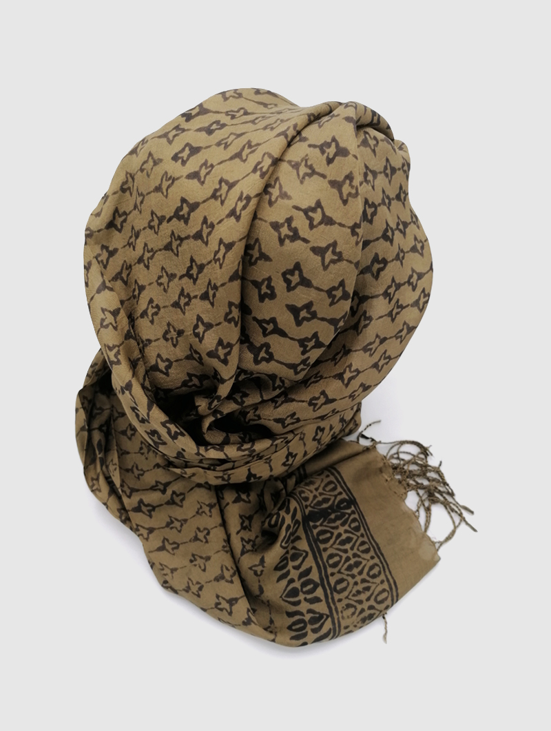 Silk-Block Print Black-Olive with Tassels 2