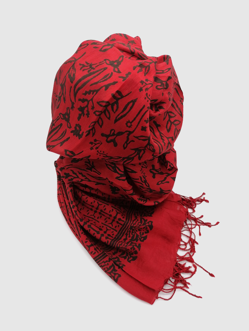 Silk-Block Print-Red, Black with Tassles (flower)