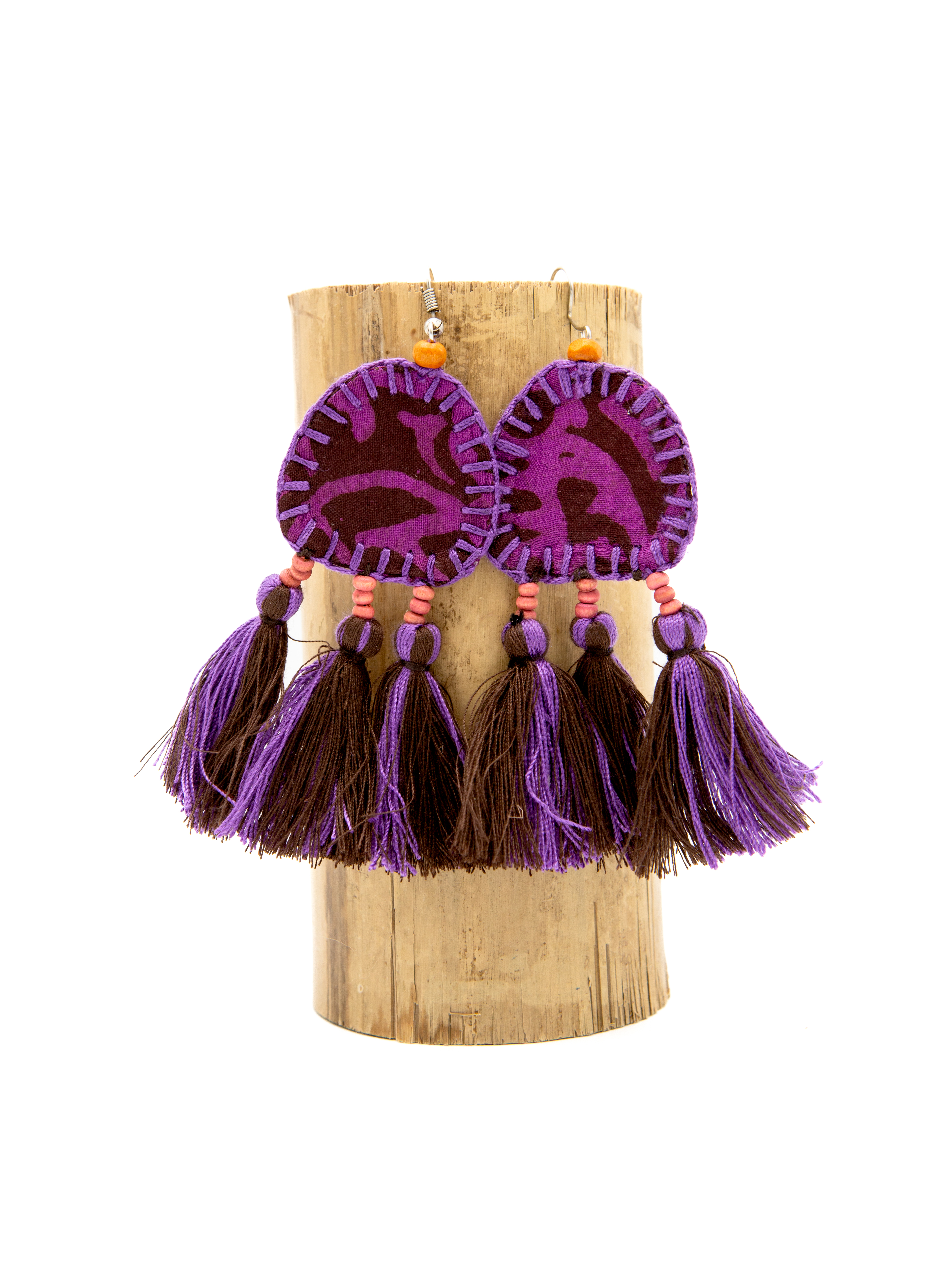 Earrings - textile with tassels - purple