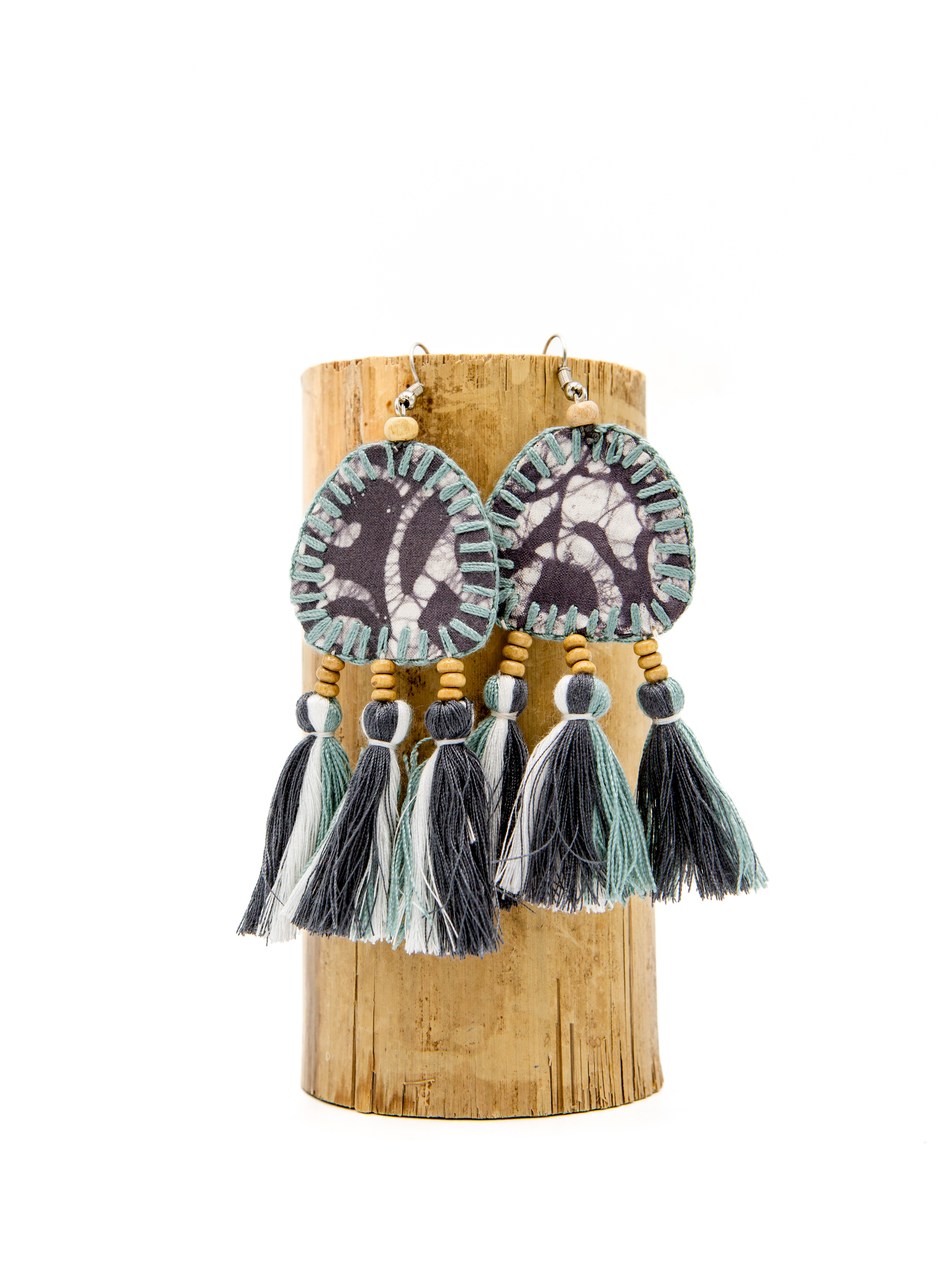 Earrings - textile with tassels -grey