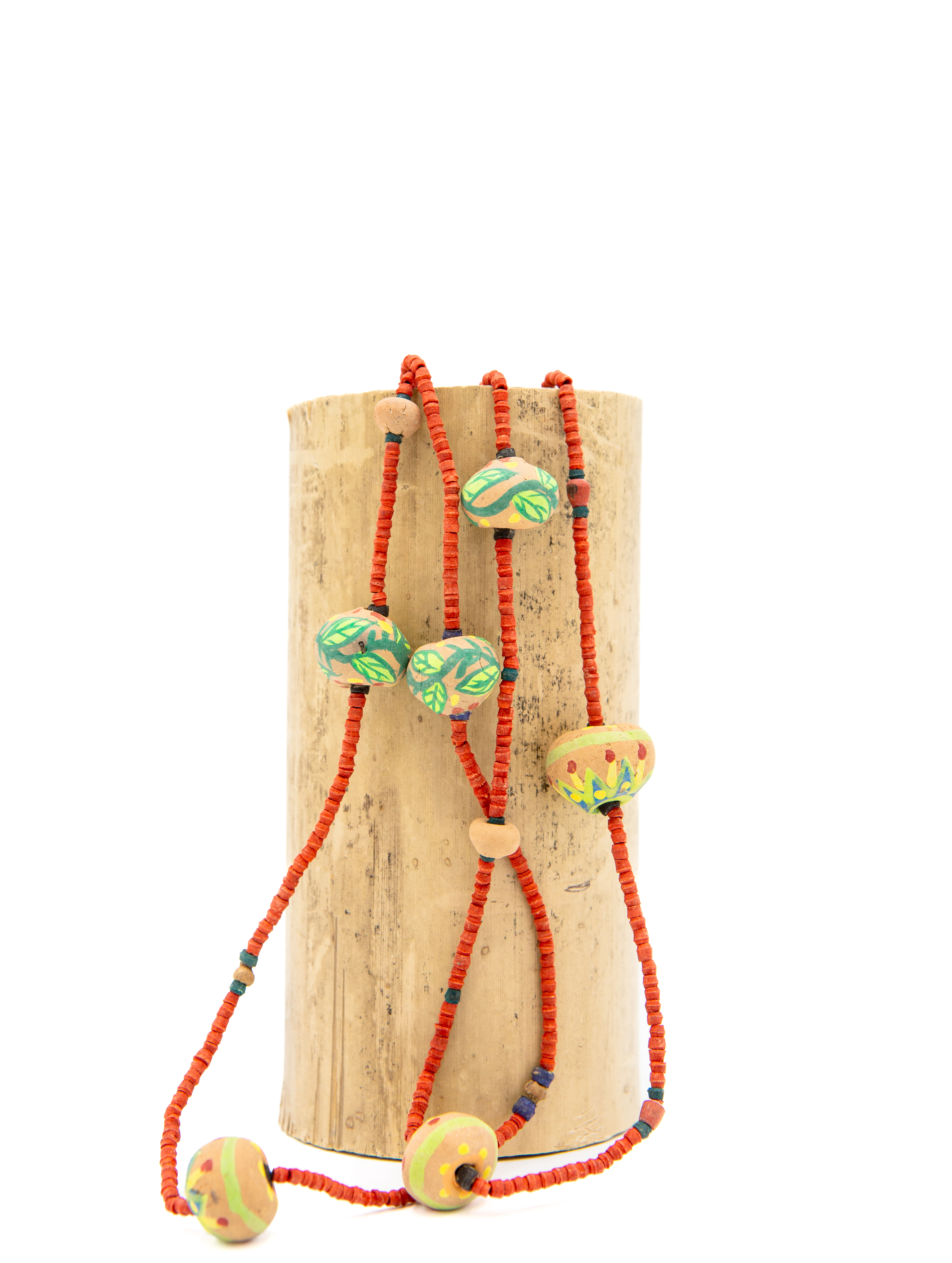 Necklace - hand-painted clay, wooden - orange
