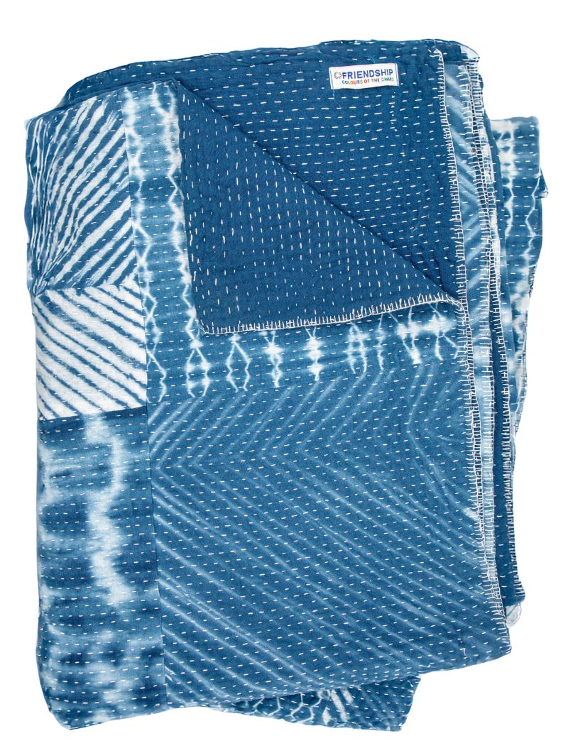 Katha Bed Cover - Indigo/ White