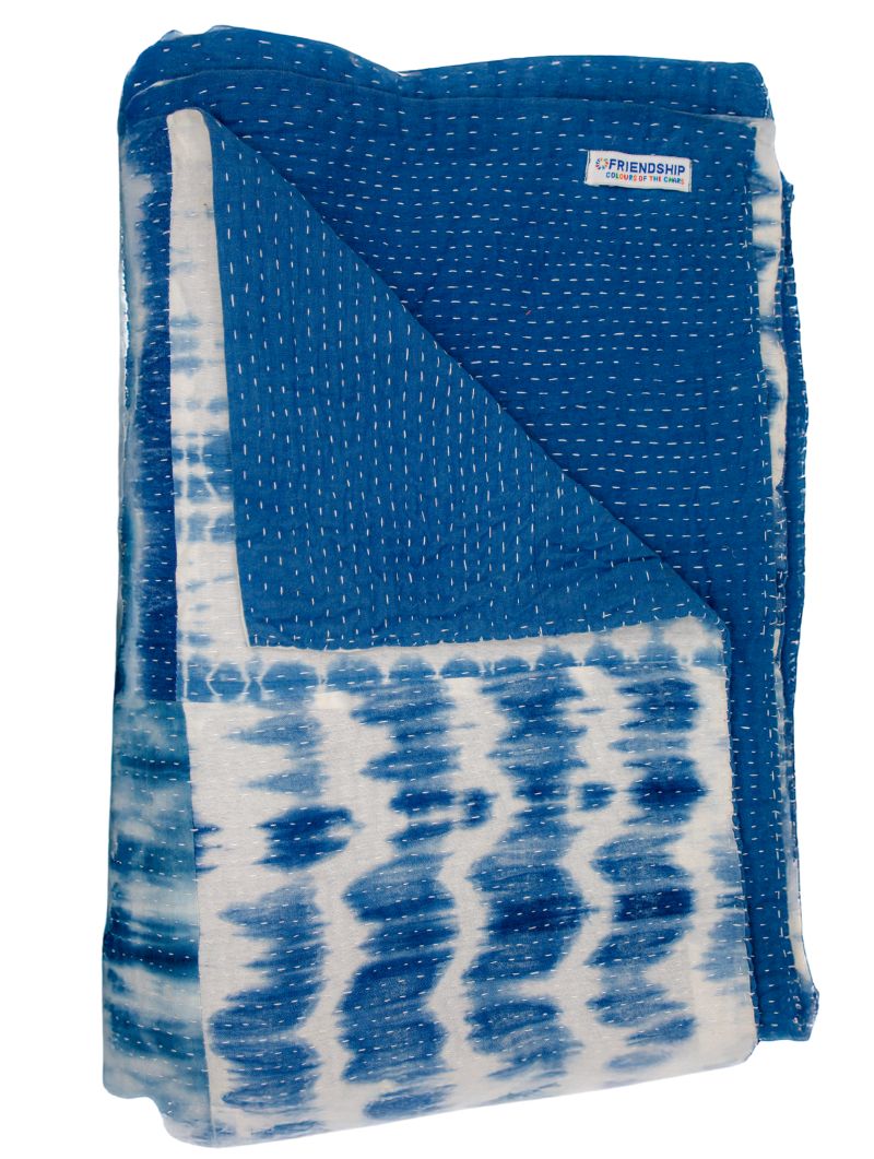 Katha Bed Cover - White / Indigo